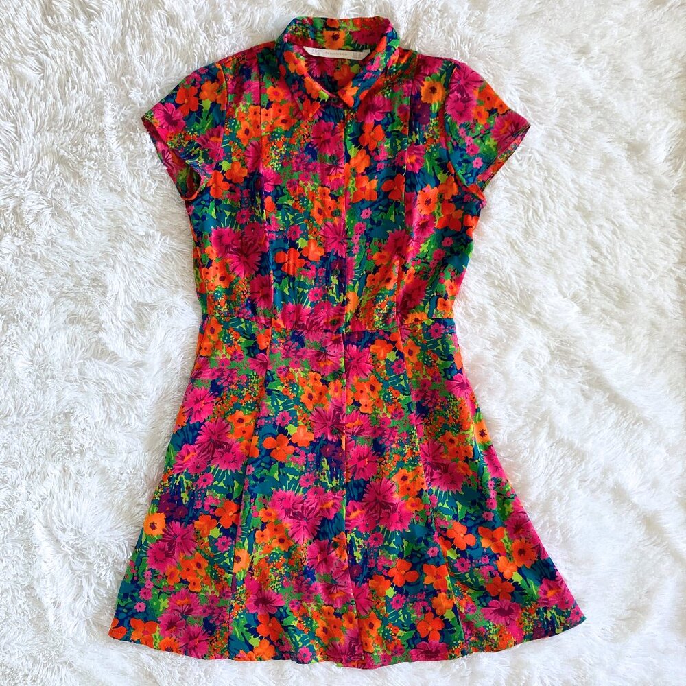 2010s Floral Button-Up Cap Sleeve Baby Doll Dress - Small